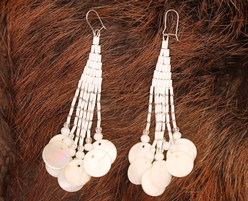 Frosted Fringe Earrings with Swarovski Beads and Shell Bead
