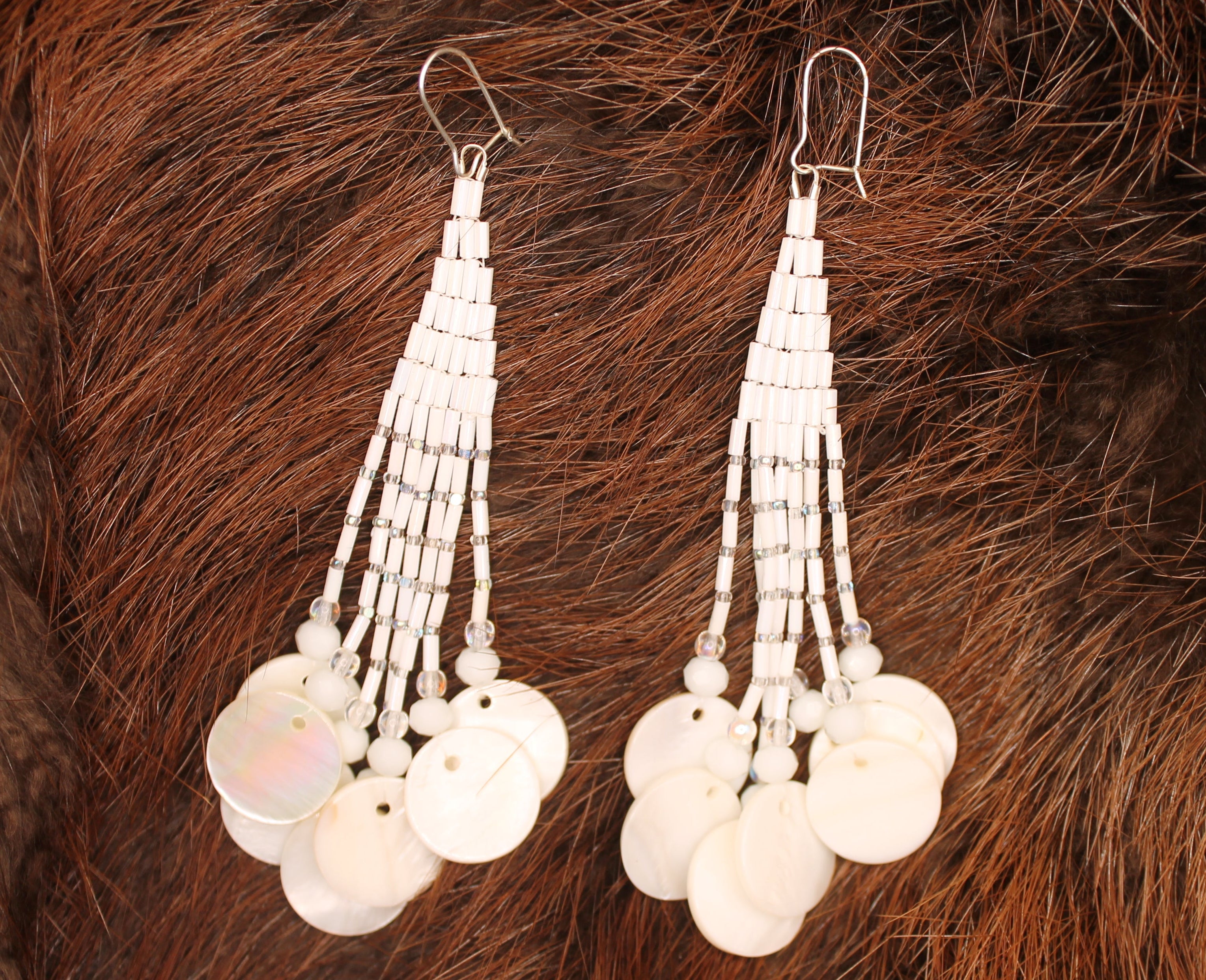 Frosted Fringe Earrings with Swarovski Beads and Shell Bead