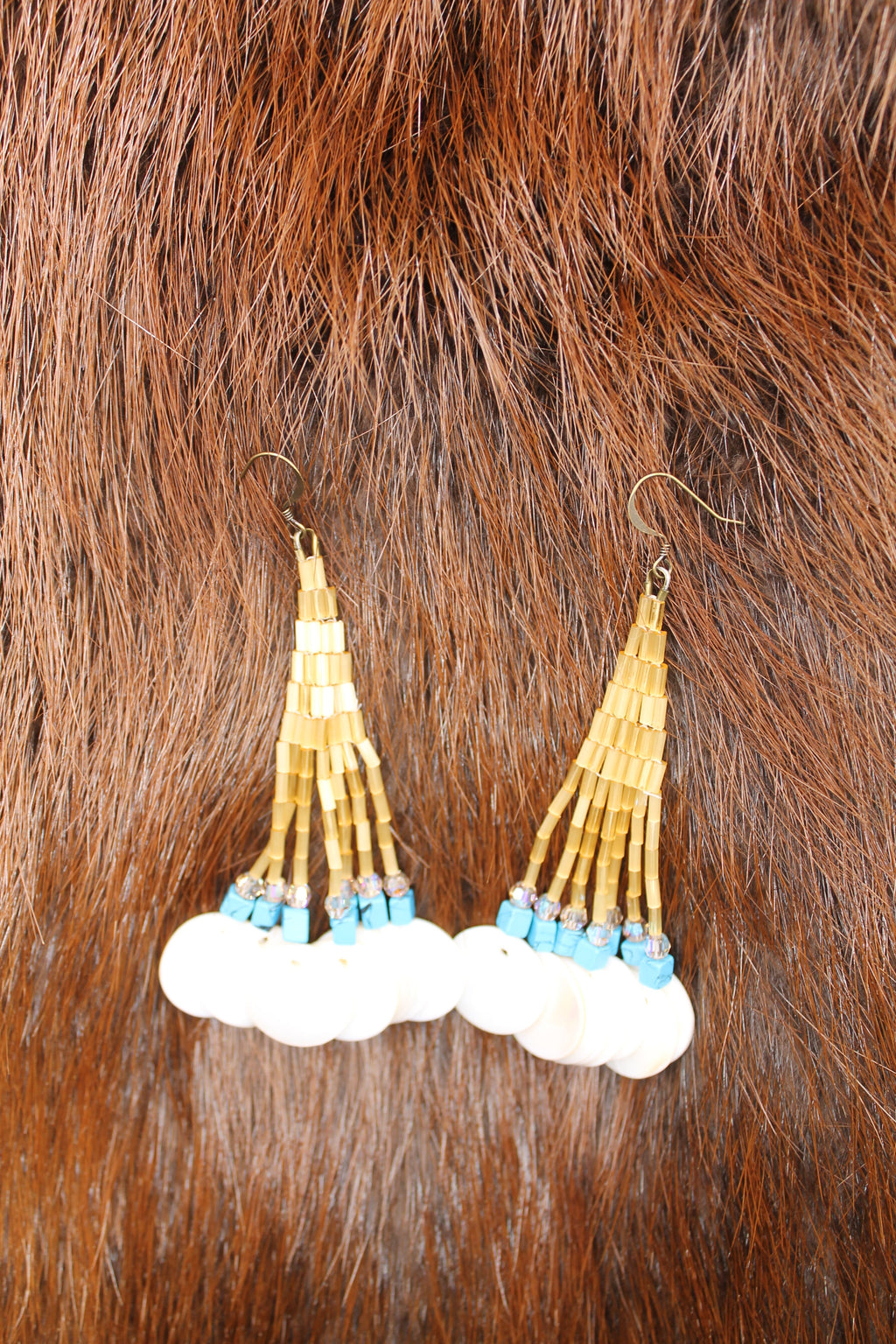 Gold Shimmer Fringe Earrings with Shell Bead