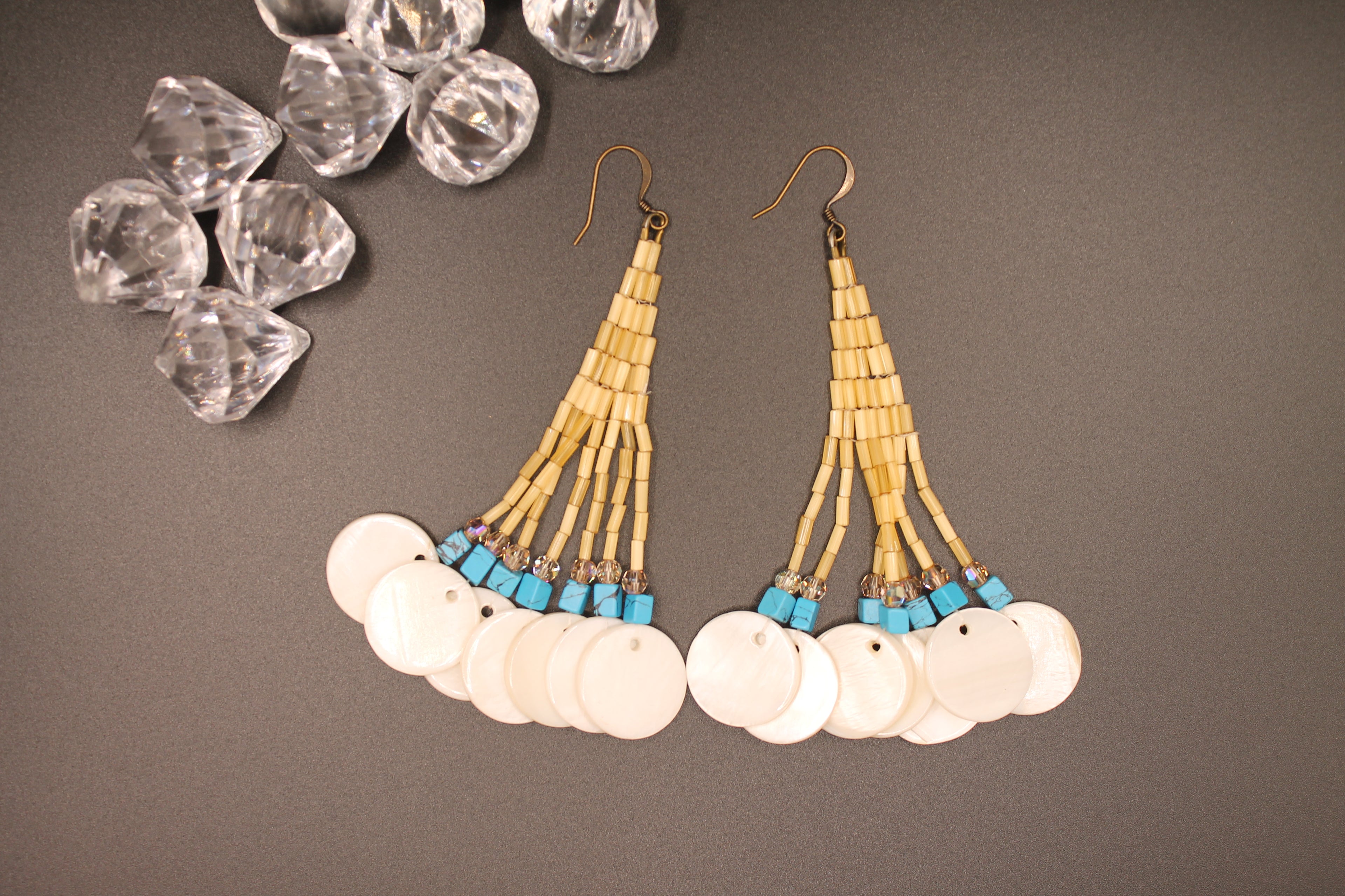 Gold Shimmer Fringe Earrings with Shell Bead