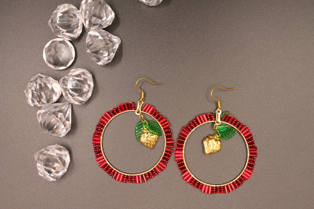 Strawberry Hoop Earrings with Gold Strawberry Charm
