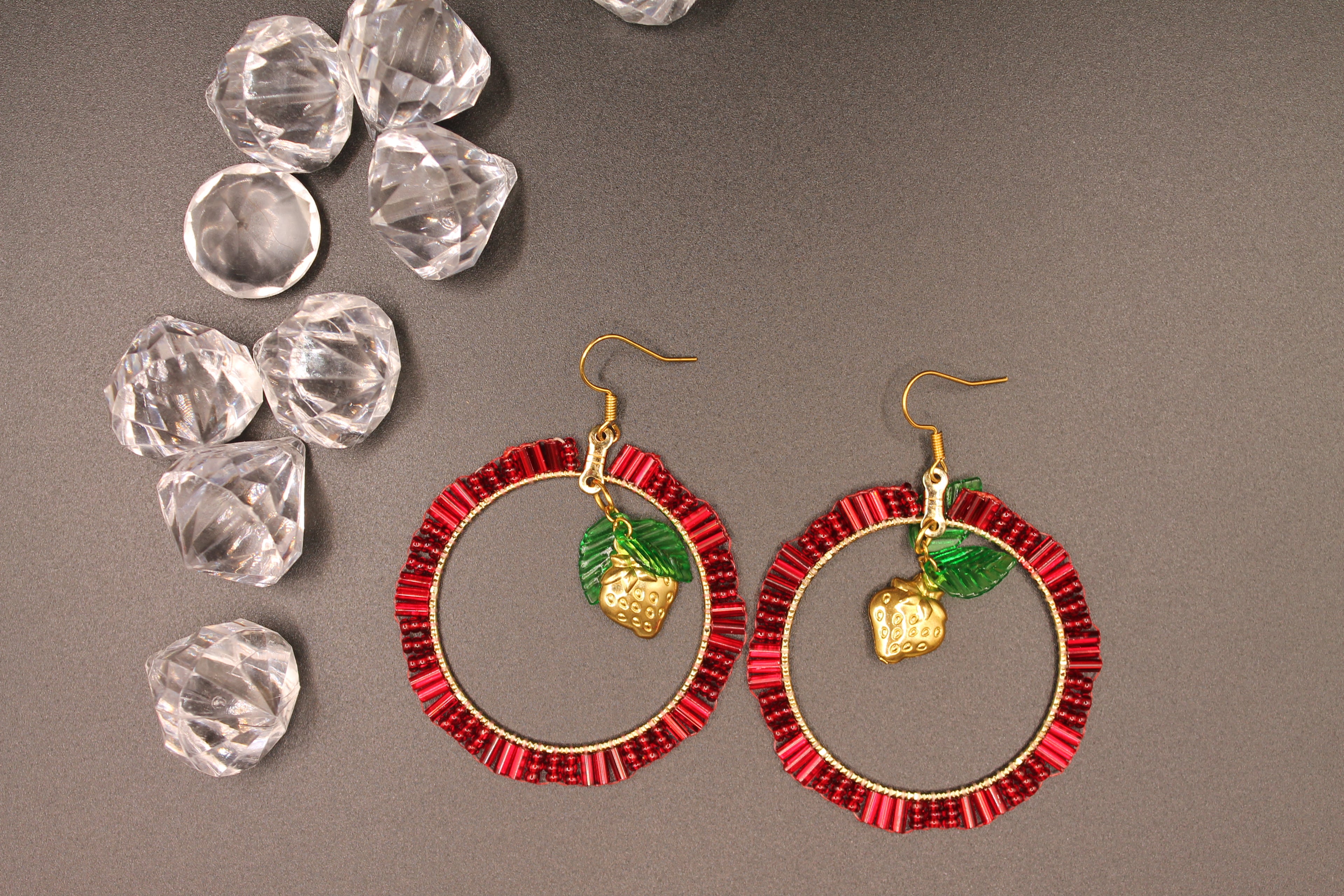 Strawberry Hoop Earrings with Gold Strawberry Charm