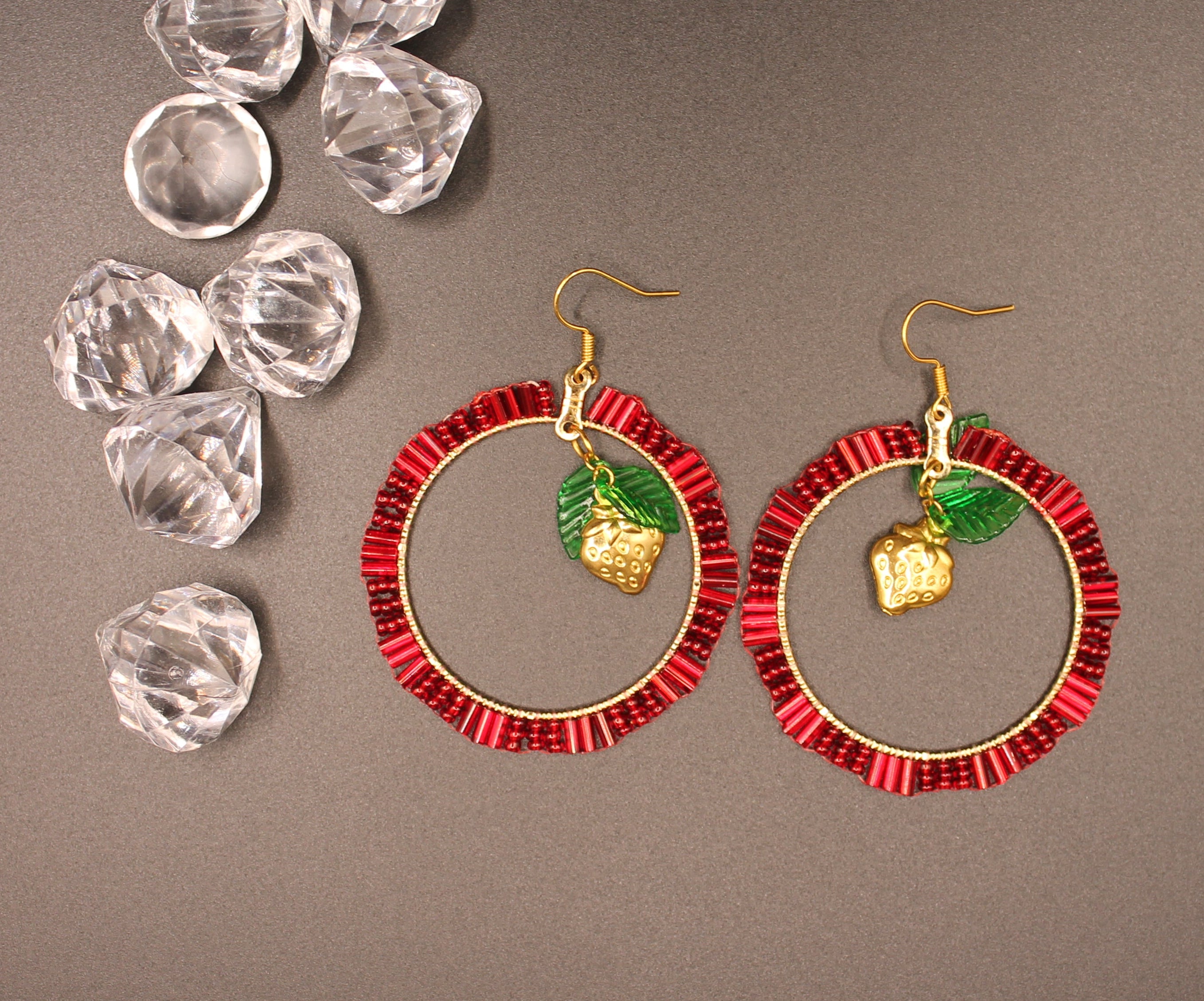 Strawberry Hoop Earrings with Gold Strawberry Charm