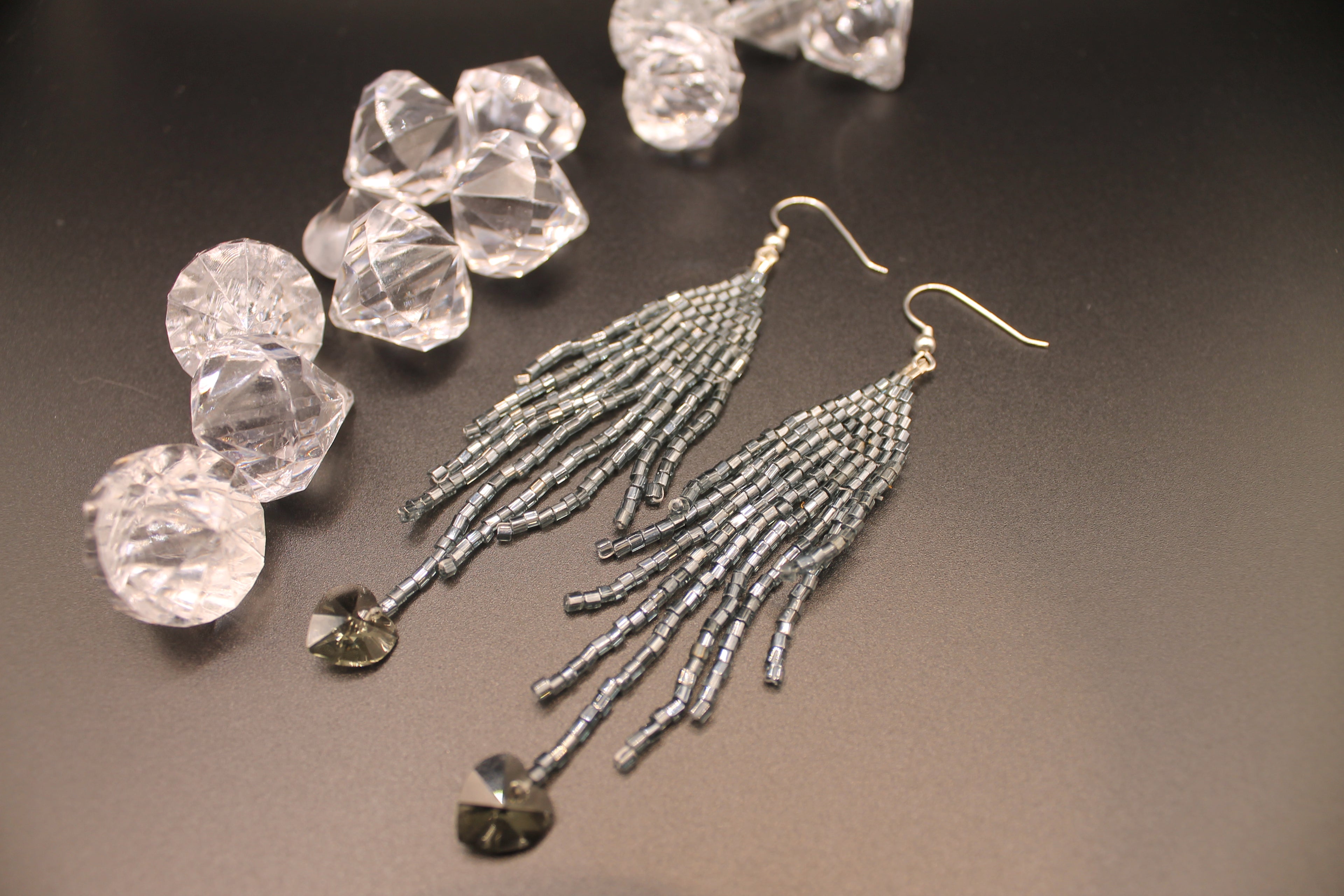 Gunmetal Fringe Earrings with Swarovski Heart Crystal Bead
