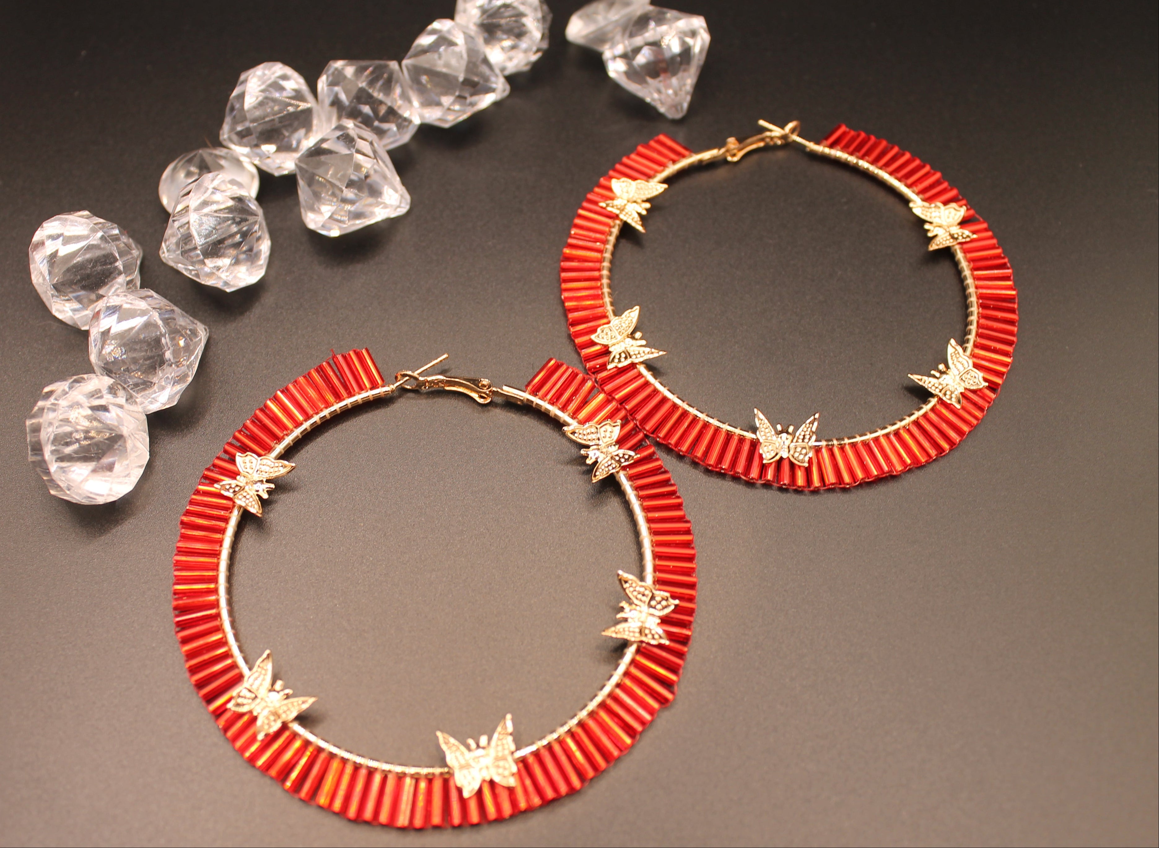 Gold Hoop with Red Beads and Butterflies