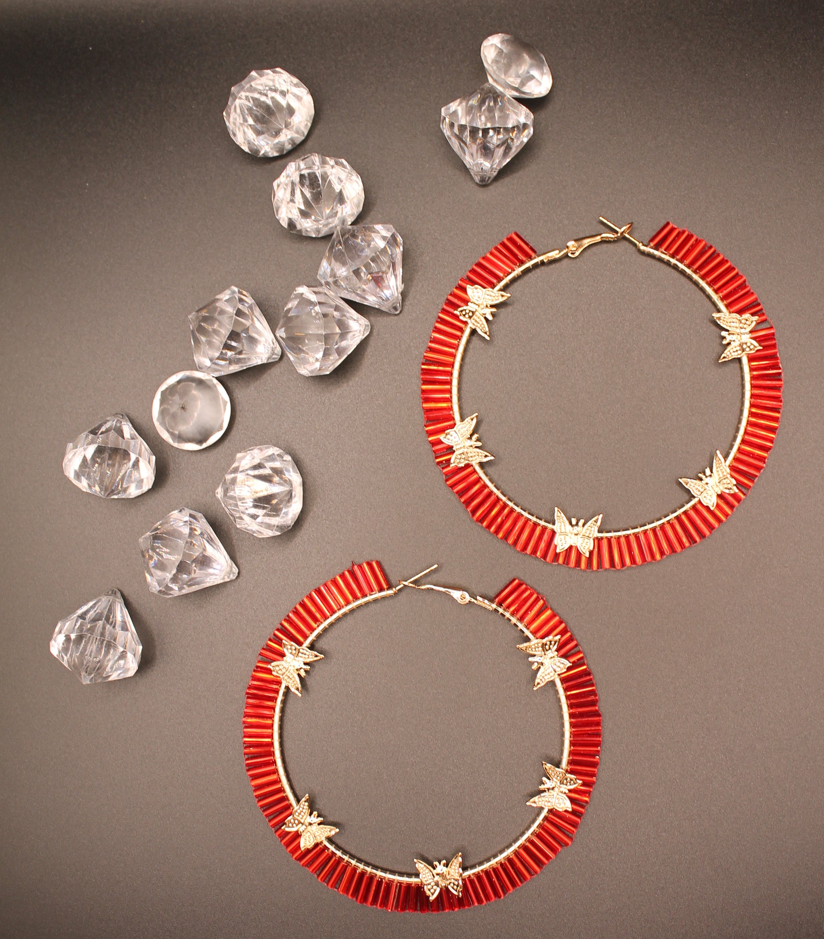 Gold Hoop with Red Beads and Butterflies