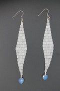 White shimmer drop earrings with blue heart charms